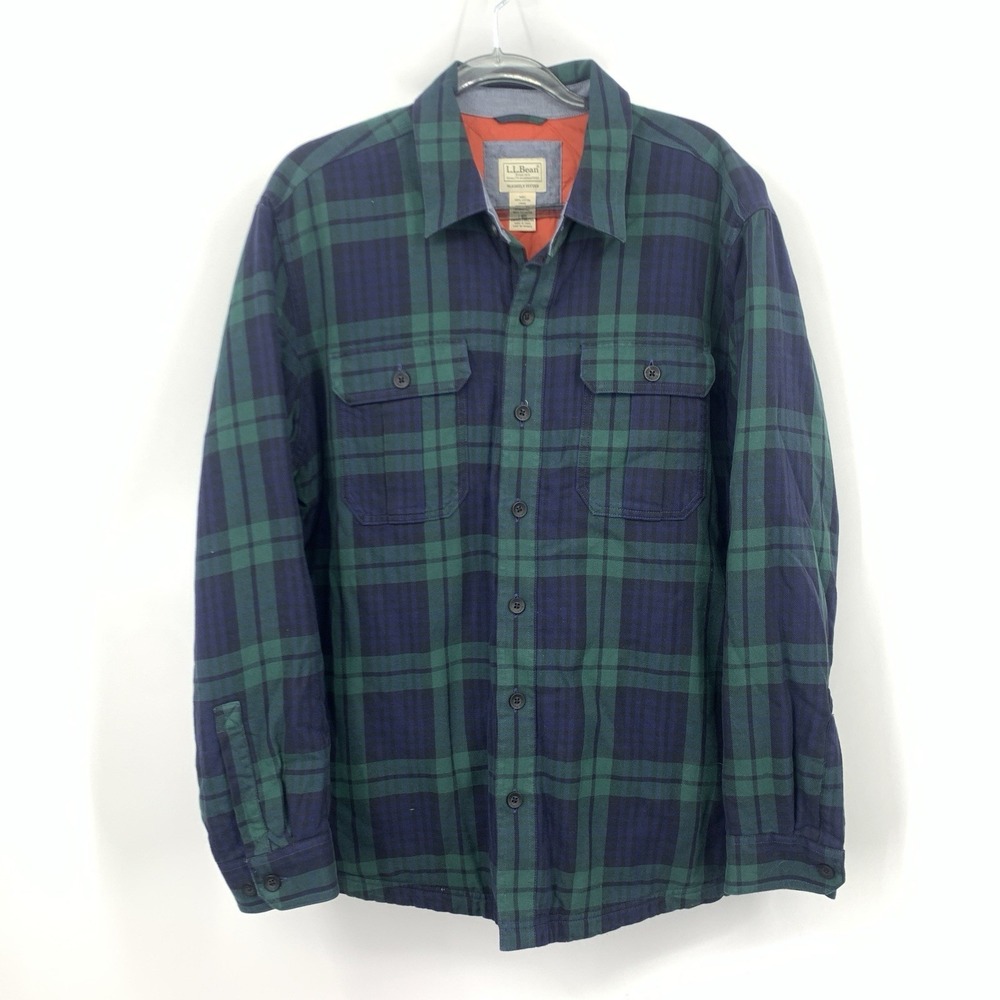 LL Bean Men Size Large Shirt Button Down Jacket Top Blue Green Flannel Lined